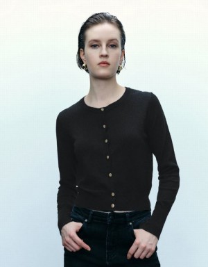 Black Urban Revivo Pressed Button Crew Neck Knitted Women's Cardigan | 47201AXYW