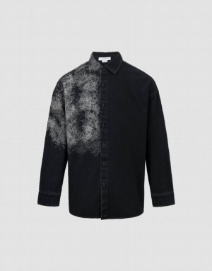 Black Urban Revivo Printed Loose Denim Men's Shirts | 17964YLCB