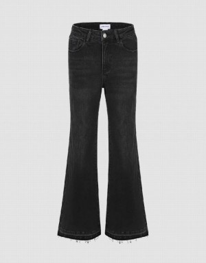 Black Urban Revivo Raw Hem Flare Women's Jeans | 94302XMNI