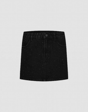 Black Urban Revivo Rhinestone Decor Mini Straight Women's Denim Skirt | 89376HBWE