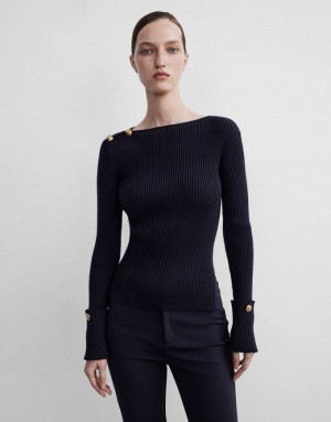 Black Urban Revivo Rib Knit Women's Sweaters | 29074KHBO