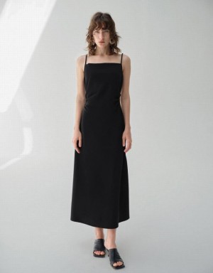 Black Urban Revivo Ruched A-Line Women's Dress | 28071EQLV