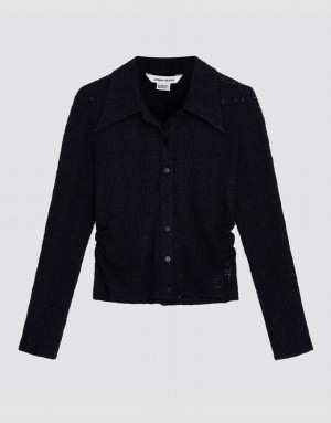 Black Urban Revivo Ruched Button Up Fitted Women's Shirts | 56302TGBX