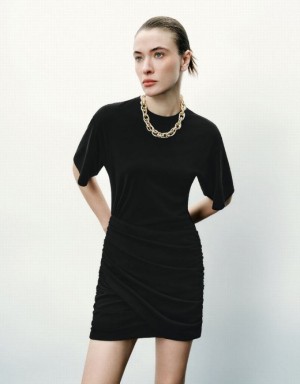 Black Urban Revivo Ruched Crew Neck Skinny Women's Dress | 76829VJHE