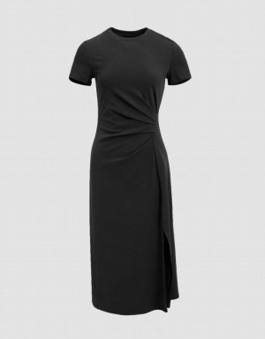 Black Urban Revivo Ruched Crew Neck Straight Women's Dress | 34750LITO