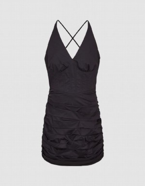 Black Urban Revivo Ruched Sleeveless V-Neck Skater Women's Short Dress | 30495QJVG