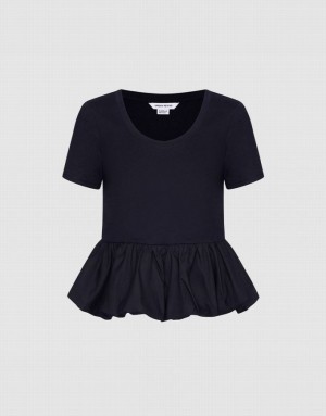 Black Urban Revivo Ruffle Hem Women's T-Shirts | 18490VRWM