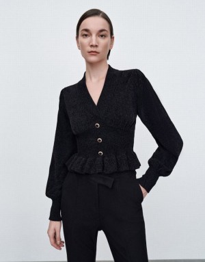 Black Urban Revivo Ruffle Knitted Top Women's Cardigan | 06854BXTN