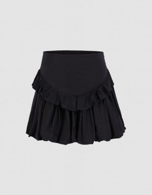 Black Urban Revivo Ruffled Ruched Women's Skirts | 03697MSQV