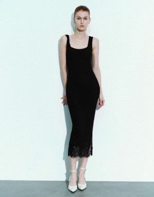 Black Urban Revivo Sleeveless Lace Hem Women's Knitted Dress | 65041WSQF