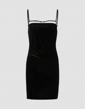 Black Urban Revivo Sleeveless Square-Cut Collar Straight Women's Dress | 29086ODNS