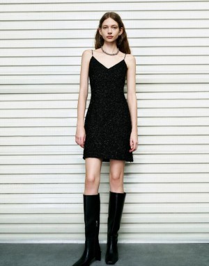 Black Urban Revivo Sleeveless Tweed V-Neck Straight Women's Dress | 67148BKWN