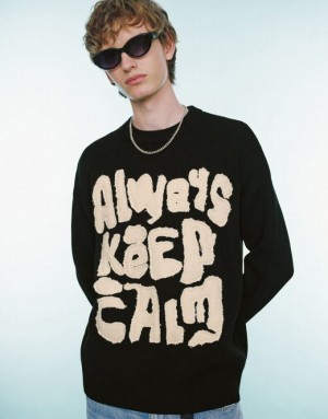 Black Urban Revivo Slogan Embroidered Knitted Men's Cardigan | 04781XUCT