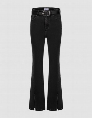 Black Urban Revivo Split Hem Flare With Belt Women's Jeans | 29754LHVJ