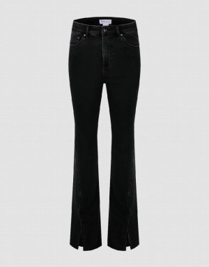 Black Urban Revivo Split Hem Flare Women's Jeans | 02541AXRN