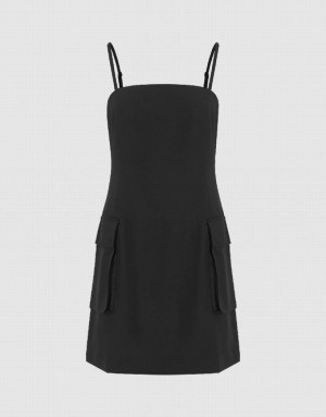 Black Urban Revivo Square-Cut Collar Skater Cami Women's Dress | 61425JCSY