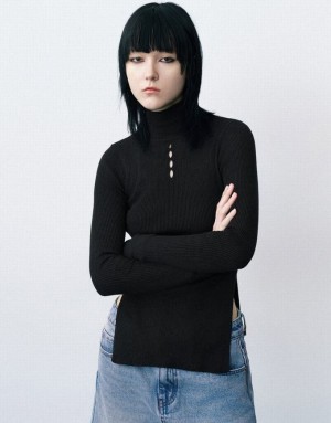 Black Urban Revivo Stand Collar Knitted Women's Cardigan | 73658BALN