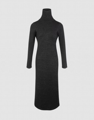 Black Urban Revivo Stand Collar Split Women's Knitted Dress | 53478DSFQ