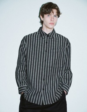 Black Urban Revivo Striped Button Up Oversized Men's Shirts | 03214MFOE