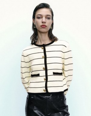 Black Urban Revivo Striped Crew Neck Knitted With Fake Pockets Women's Cardigan | 40361OPXY