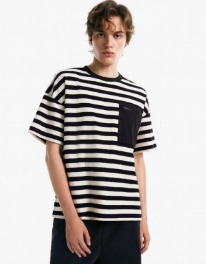 Black Urban Revivo Striped Crew Neck Men's T-Shirts | 59703TLSQ