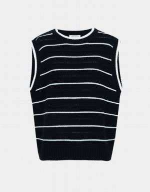 Black Urban Revivo Striped Crew Neck Women's Sweaters | 72538BLNO