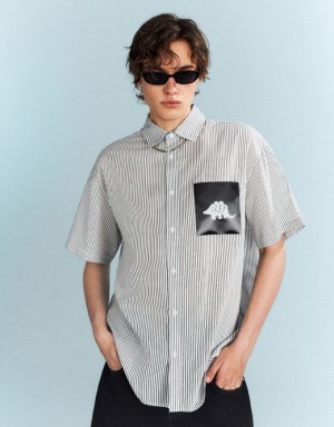 Black Urban Revivo Striped Oversized Men's Shirts | 60139DMYV