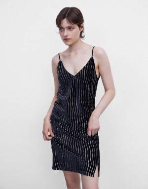 Black Urban Revivo Striped Sequin Women's Casual Dress | 28467WUXM