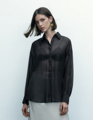 Black Urban Revivo Thin Button Up Loose Women's Shirts | 09876NHCB