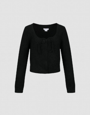 Black Urban Revivo Tie Front Crew Neck Knitted Women's Cardigan | 23507ZAQY