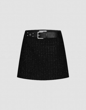 Black Urban Revivo Tweed Mini A-Line Women's Skirts | 79086LZTV