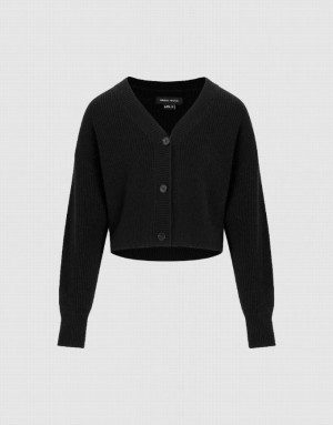 Black Urban Revivo V-Neck Knitted Women's Cardigan | 56379WHEO