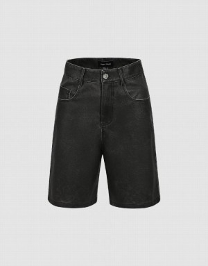 Black Urban Revivo Vegan Leather Loose Women's Shorts | 46930PIEF