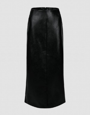 Black Urban Revivo Vegan Leather Midi Straight Women's Skirts | 23560WIVP