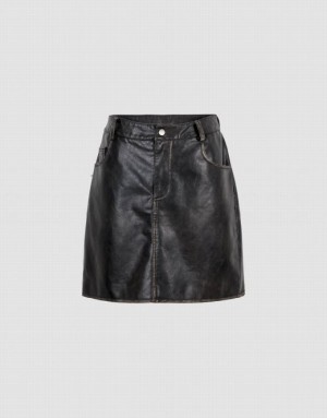 Black Urban Revivo Vegan Leather Mini A-Line Women's Skirts | 05186NOTK