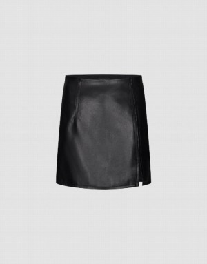 Black Urban Revivo Vegan Leather Mini Straight Women's Skirts | 65703MBVF