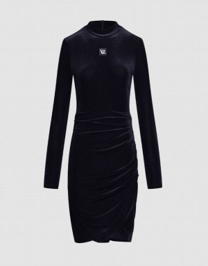 Black Urban Revivo Velvet Ruched Bodycon Women's Casual Dress | 80456PANR