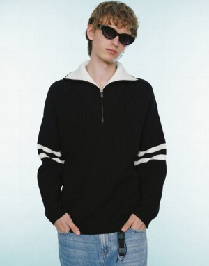 Black Urban Revivo Zip Half Placked Knitted Men's Cardigan | 75824PVTX