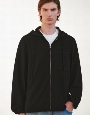 Black Urban Revivo Zipper Front Men's Hooded Jackets | 93786DHGA