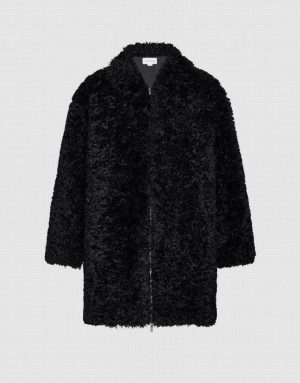 Black Urban Revivo Zipper Front Straight Furry Women's Coats | 45320VUQS