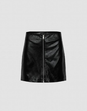 Black Urban Revivo Zipper Front Vegan Leather Mini A-Line Women's Skirts | 63789RVIX