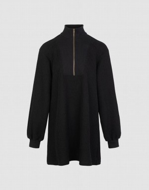 Black Urban Revivo Zippered Stand Collar Women's Knitted Dress | 03246FUNV