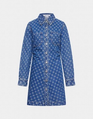 Blue Urban Revivo Allover Jacquard Ruched Button Up Women's Denim Dress | 96503DEUR