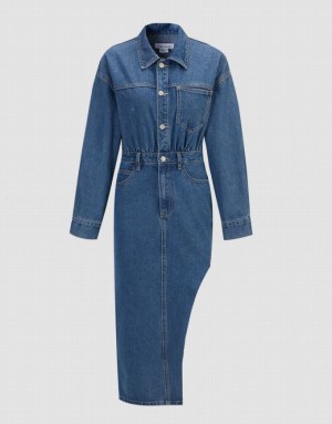 Blue Urban Revivo Asymmetrical Hem Women's Denim Dress | 63785QUID