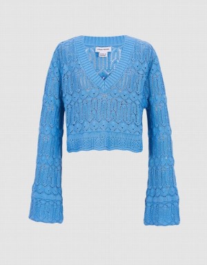 Blue Urban Revivo Bell Sleeve Pointelle Knit Top Women's Cardigan | 94127SVYG