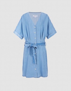 Blue Urban Revivo Button Front Belted Women's Denim Dress | 92017PGAN