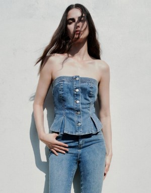 Blue Urban Revivo Button Up Denim Tube Top Women's Blouse | 21839BDTL