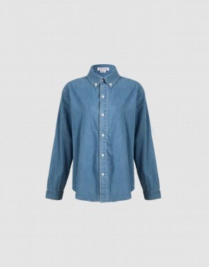 Blue Urban Revivo Button Up Denim Women's Shirts | 91732FXZG