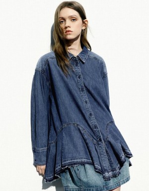 Blue Urban Revivo Button Up Loose Denim Women's Shirts | 91874ENSX