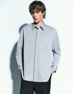 Blue Urban Revivo Button Up Loose Men's Shirts | 07489ICOE